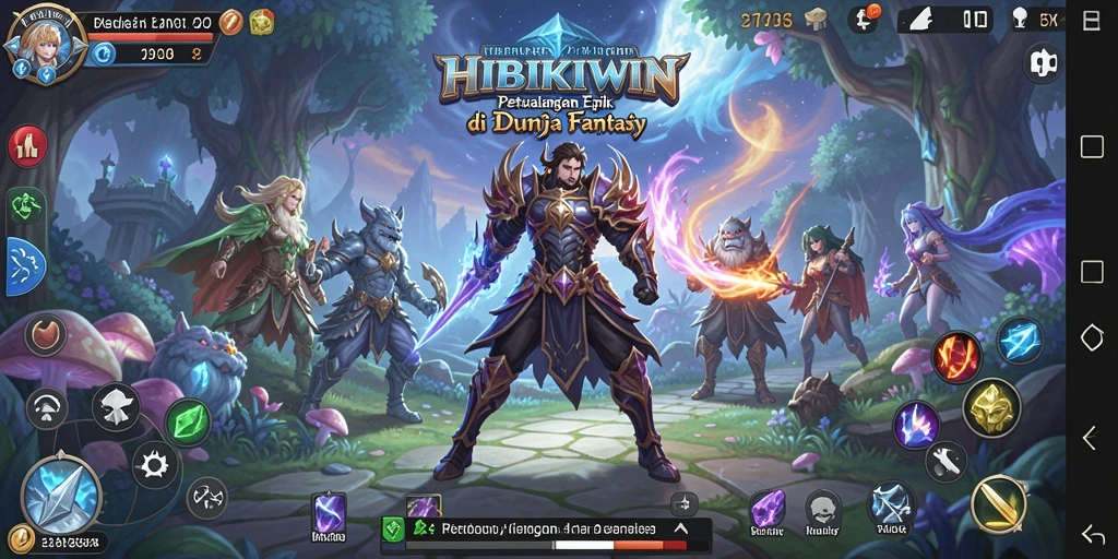 Screenshot gameplay HIBIKIWIN menampilkan aksi pertempuran yang mendebarkan di dunia fantasi.