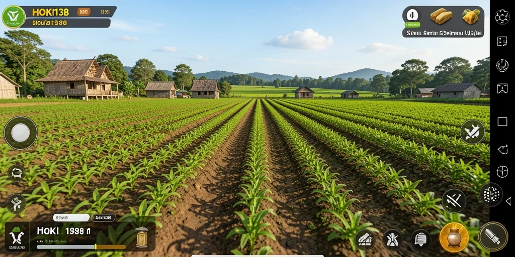 Screenshot HOKI138 menampilkan pemain sedang merawat tanaman dan hewan di kebun.