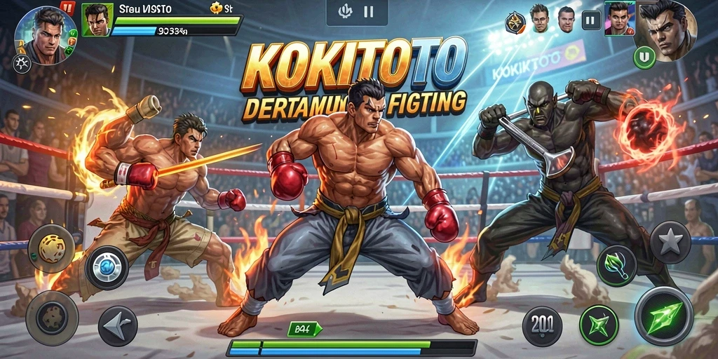 Tampilan gameplay pertarungan seru KOKITOTO dengan banyak karakter.