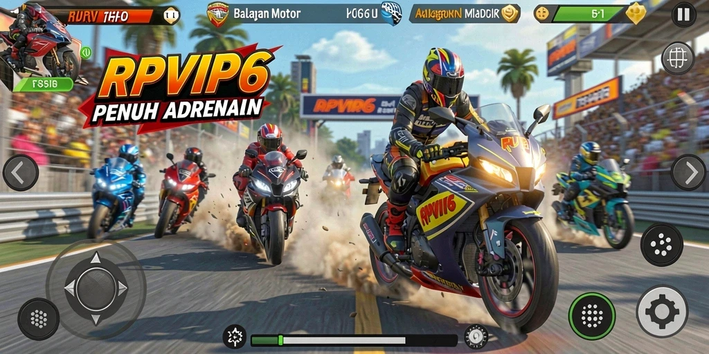 Gameplay RPVIP6 yang intens dan mendebarkan saat balapan motor.