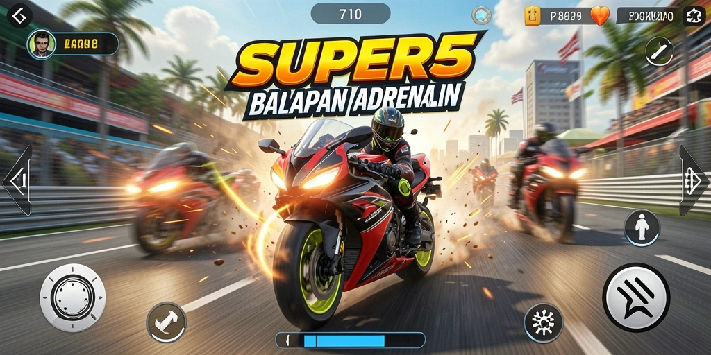 Tampilan gameplay SUPER5 yang mendebarkan dalam balapan motor.